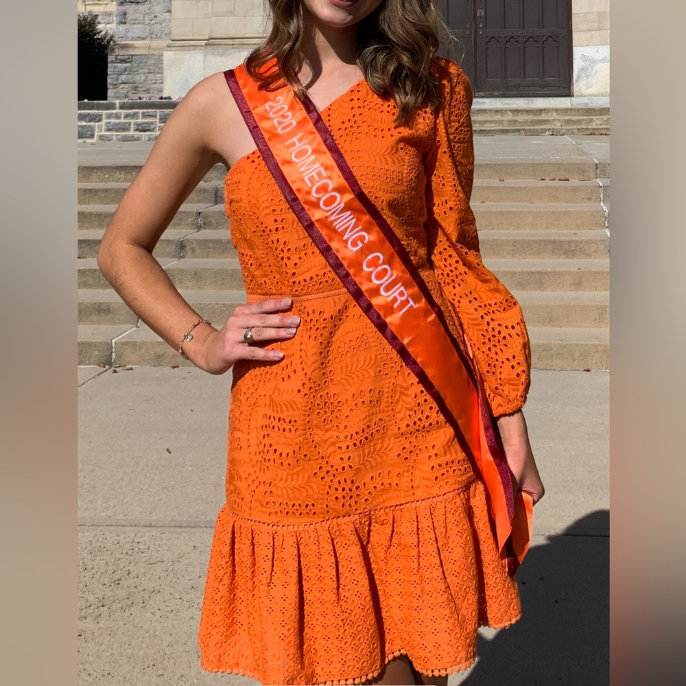 Orange One Shoulder Eyelet Dress